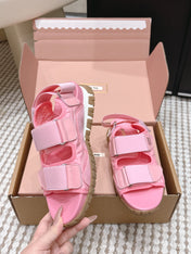 MIUMIU 26S VELCRO SANDALS IN PINK CALFSKIN AND NYLON SILVER HARDWARE