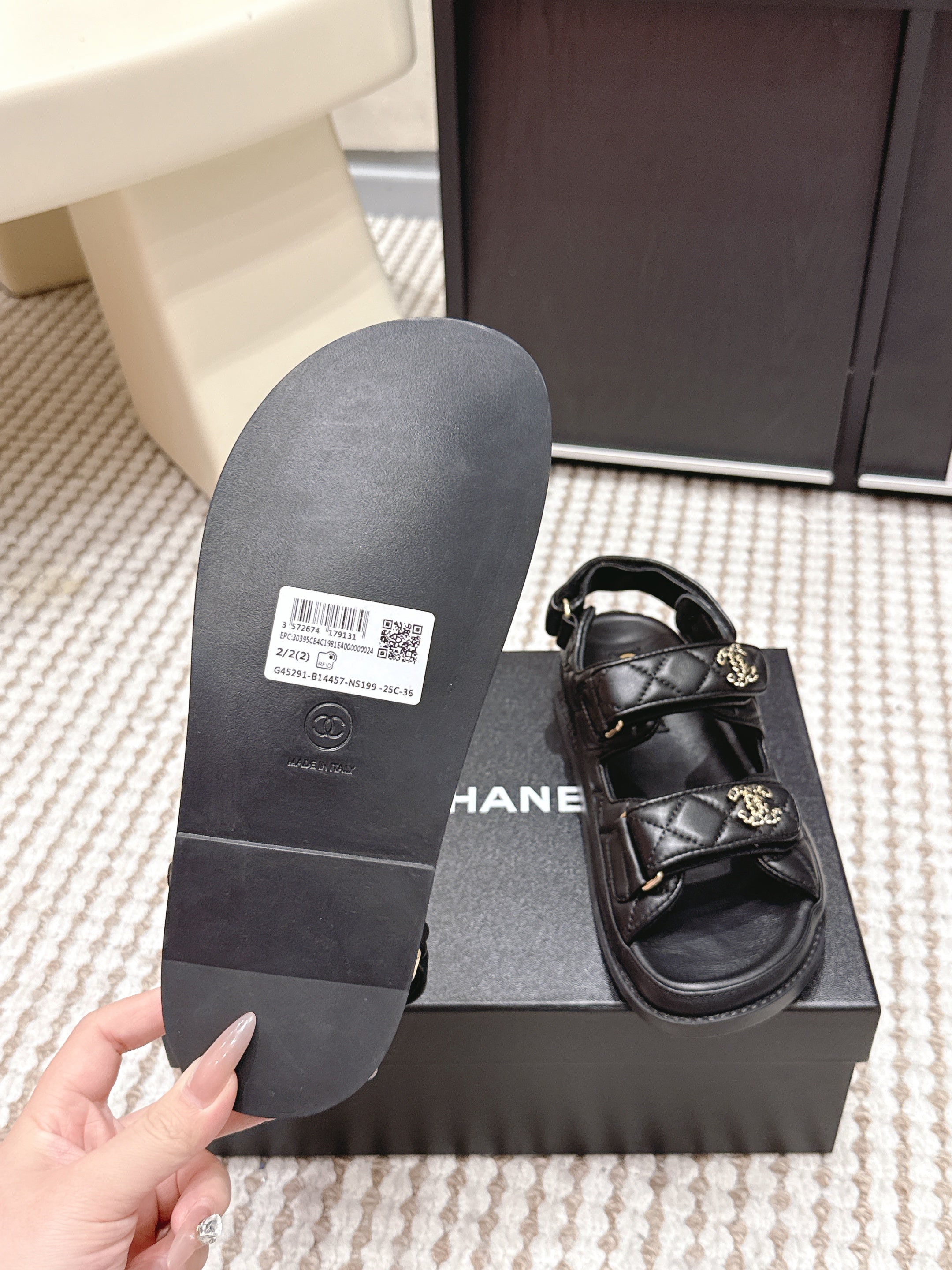 CHANEL 26S QUILTED DAD SANDALS IN BLACK CALFSKIN
