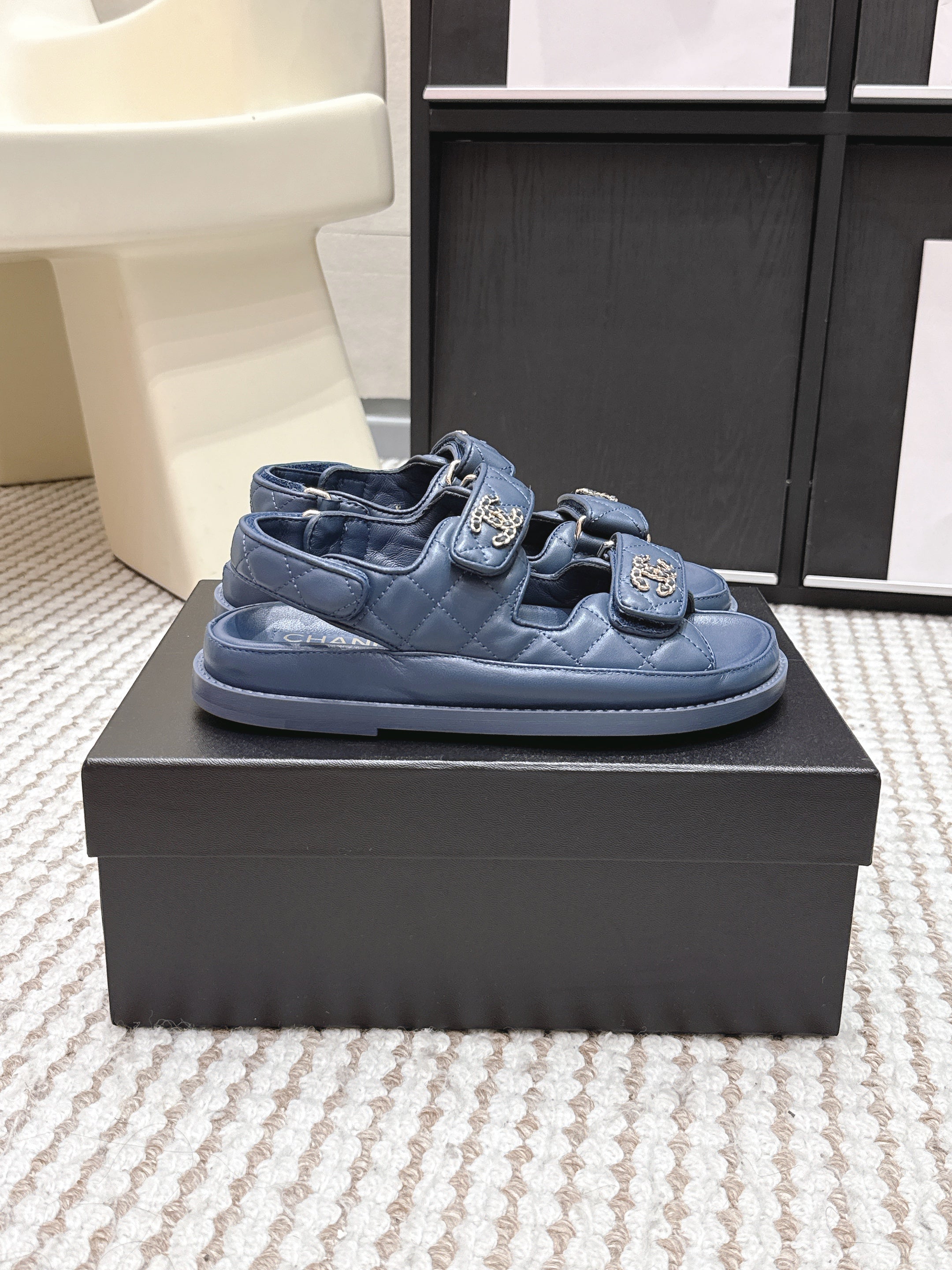 CHANEL 26S QUILTED DAD SANDALS IN SLATE BLUE CALFSKIN