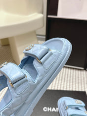 CHANEL 26S QUILTED DAD SANDALS IN LIGHT BLUE CALFSKIN