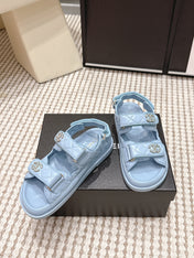 CHANEL 26S QUILTED DAD SANDALS IN LIGHT BLUE CALFSKIN