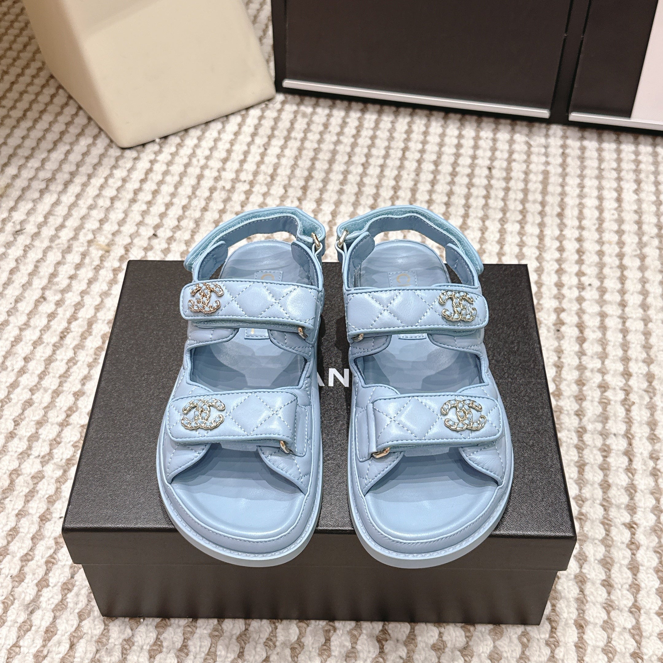 CHANEL 26S QUILTED DAD SANDALS IN LIGHT BLUE CALFSKIN