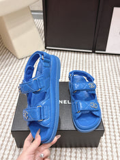 CHANEL 26S QUILTED DAD SANDALS IN BLUE CALFSKIN