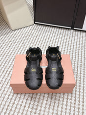 MIUMIU 26S RUCHES FISHERMAN SANDALS IN BLACK CALFSKIN GOLD HARDWARE
