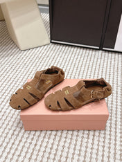 MIUMIU 26S RUCHES FISHERMAN SANDALS IN BROWN SUEDE GOLD HARDWARE