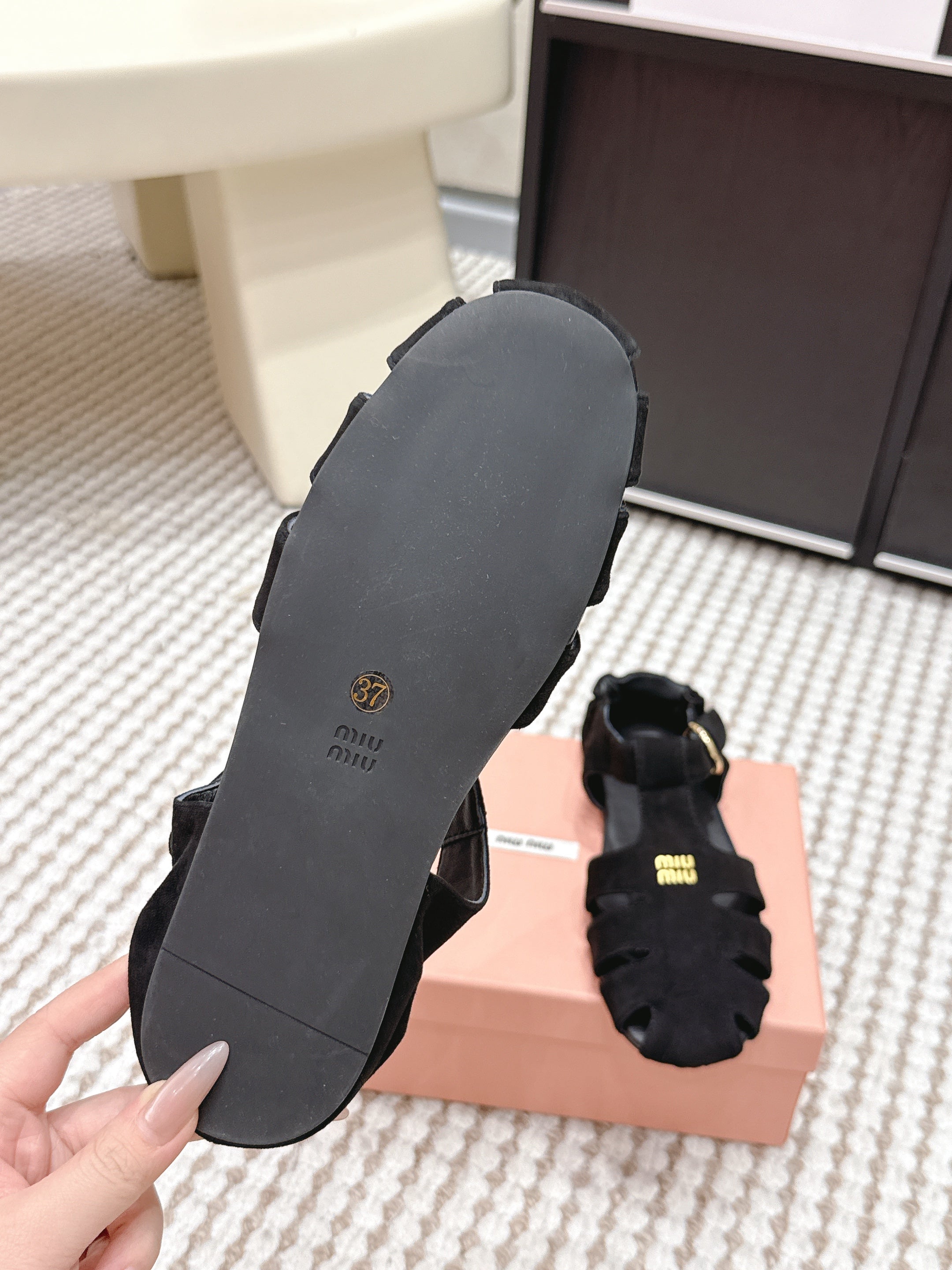 MIUMIU 26S RUCHES FISHERMAN SANDALS IN BLACK SUEDE GOLD HARDWARE