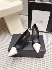CHANEL 26S HIGH HEELS IN BLACK LAMBSKIN WITH WHITE CHEVRON-QUILTED TOE
