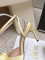 DIOR 26S ROSE HEELED SANDALS 90MM IN LIGHT YELLOW SATIN