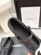 CHANEL 26S MARY JANE FLATS IN BLACK LAMBSKIN WITH WHITE CC LOGO