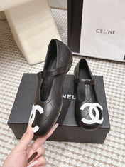 CHANEL 26S MARY JANE FLATS IN BLACK LAMBSKIN WITH WHITE CC LOGO