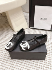 CHANEL 26S MARY JANE FLATS IN BLACK LAMBSKIN WITH WHITE CC LOGO
