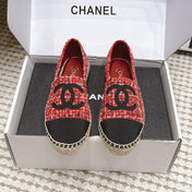 CHANEL 26S SLIP ONS IN RED MIX BLACK TWEED AND PATENT CALFSKIN