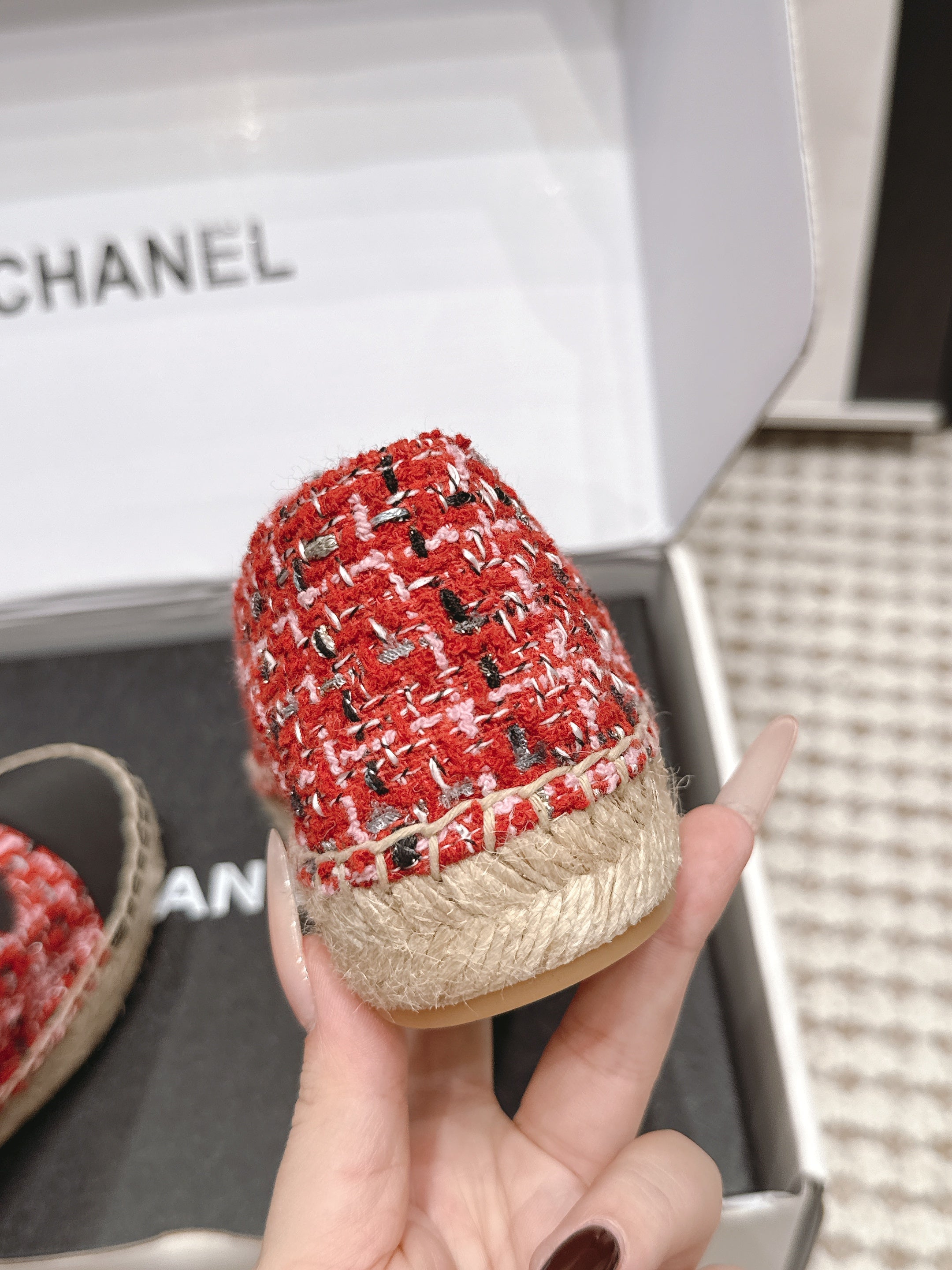 CHANEL 26S SLIP ONS IN RED MIX BLACK TWEED AND PATENT CALFSKIN