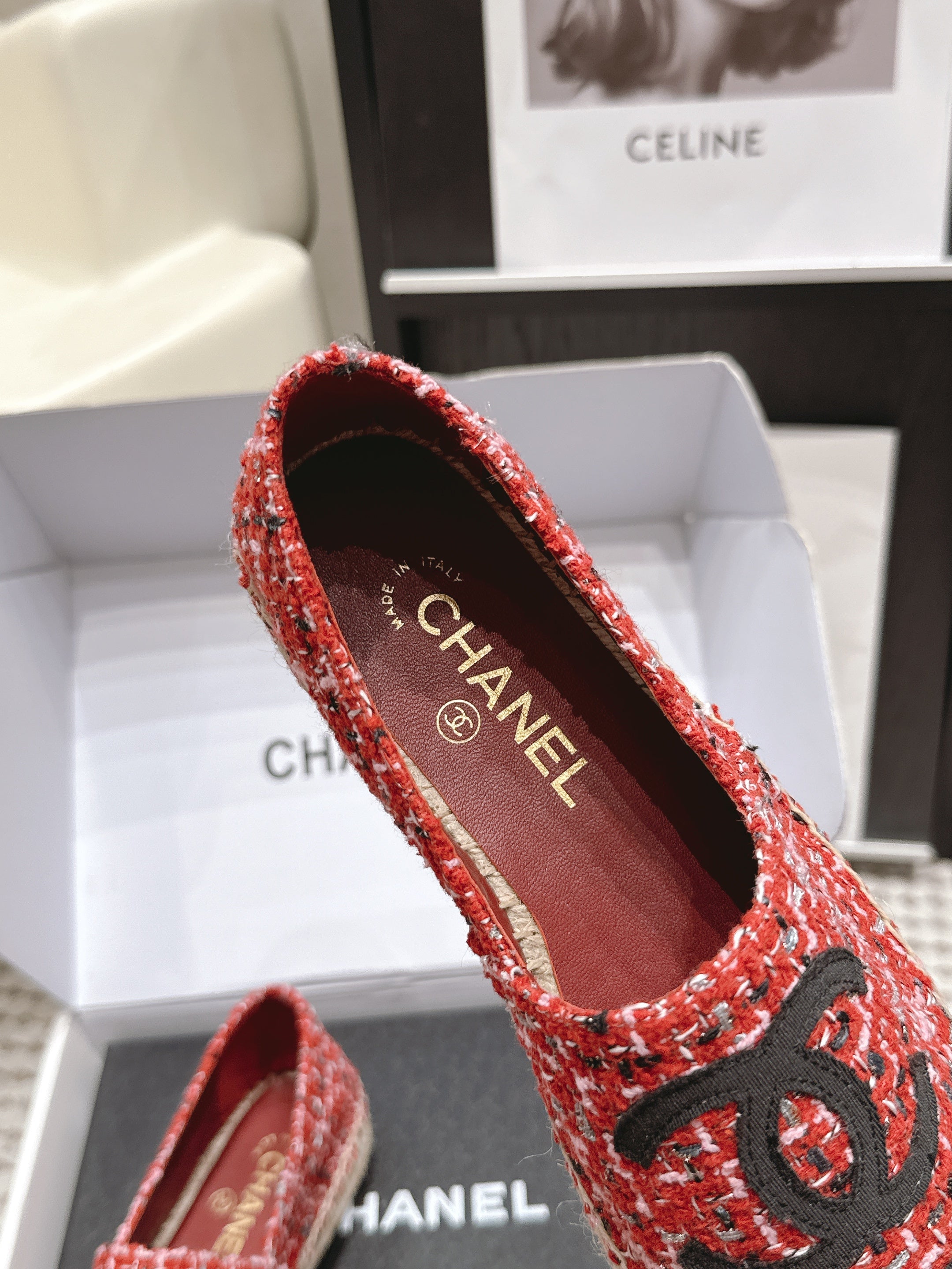 CHANEL 26S SLIP ONS IN RED MIX BLACK TWEED AND PATENT CALFSKIN