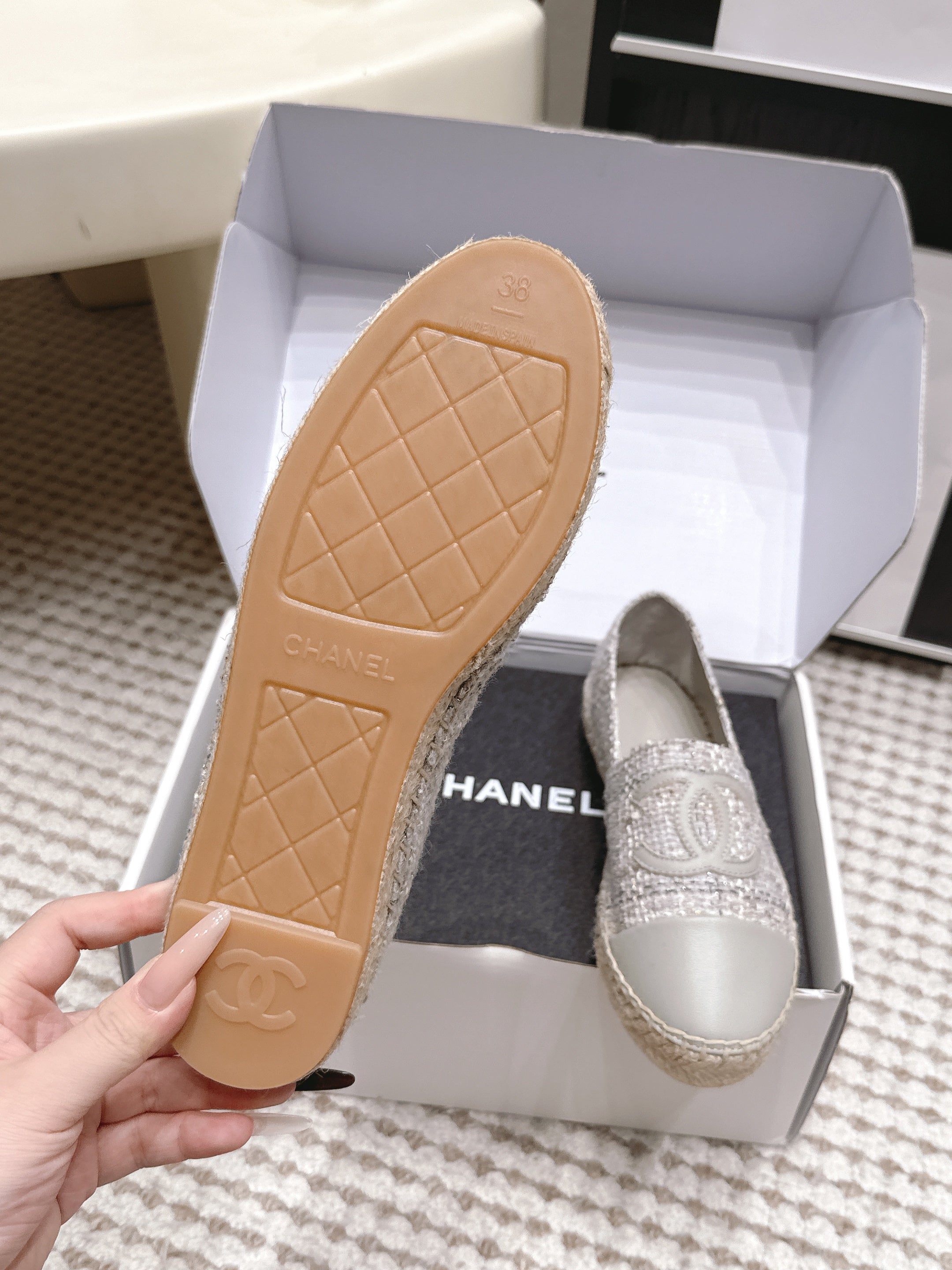 CHANEL 26S SLIP ONS IN GREY TWEED AND PATENT CALFSKIN