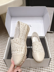 CHANEL 26S SLIP ONS IN WHITE TWEED AND PATENT CALFSKIN