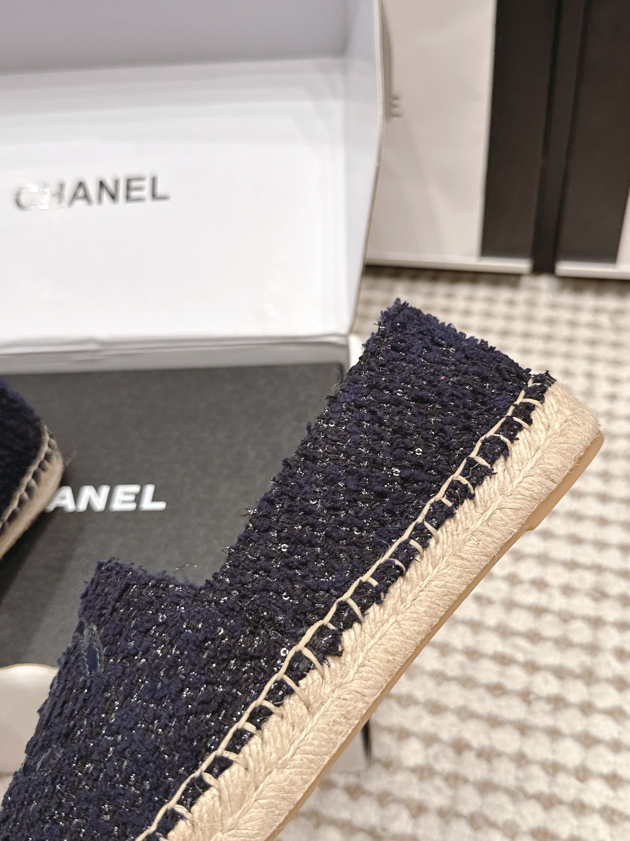 CHANEL 26S SLIP ONS IN NAVY BLUE TWEED AND PATENT CALFSKIN