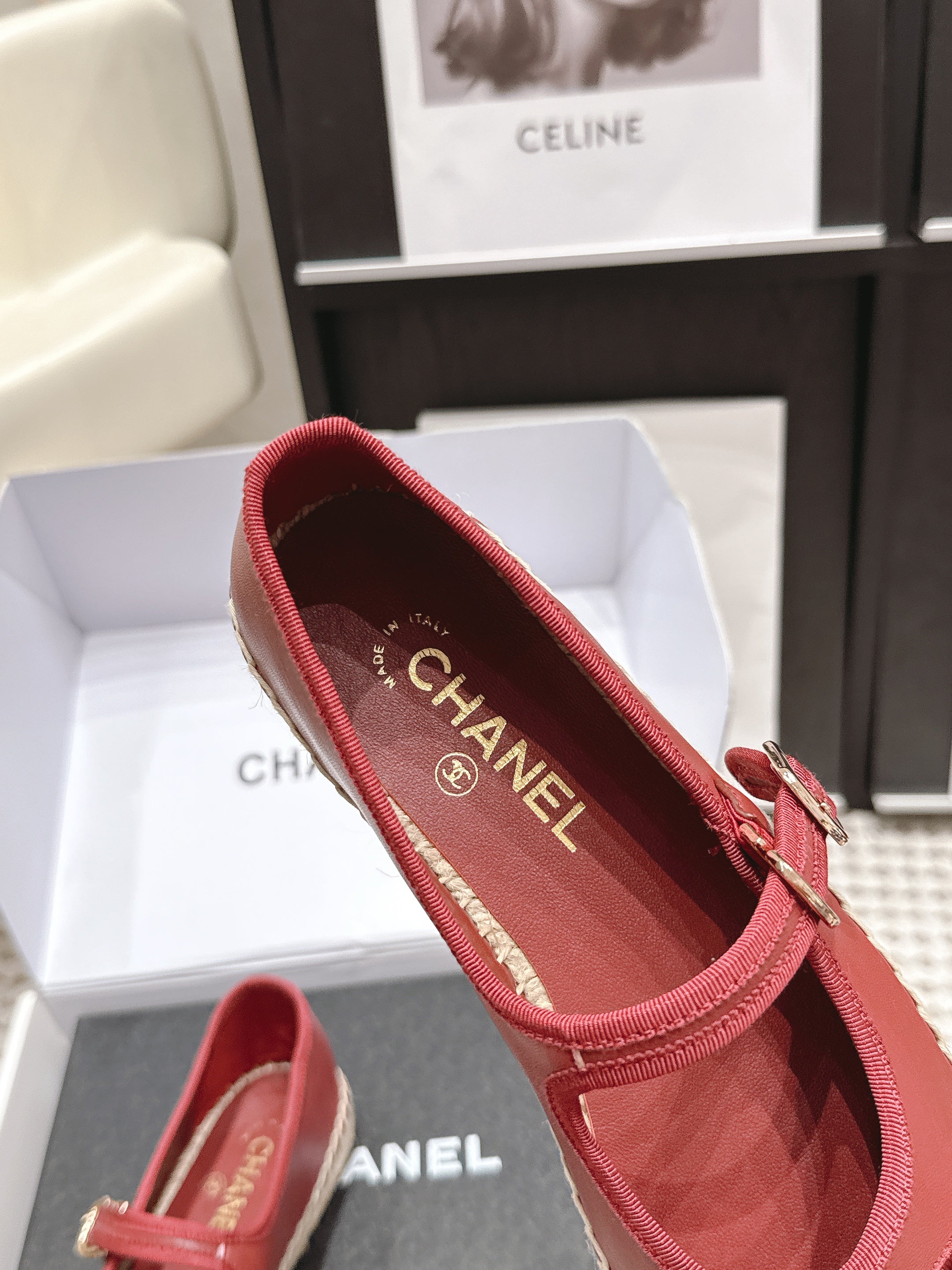 CHANEL 26S MARY JANE FLATS IN DARK RED LAMBSKIN ESPADRILLE SOLE