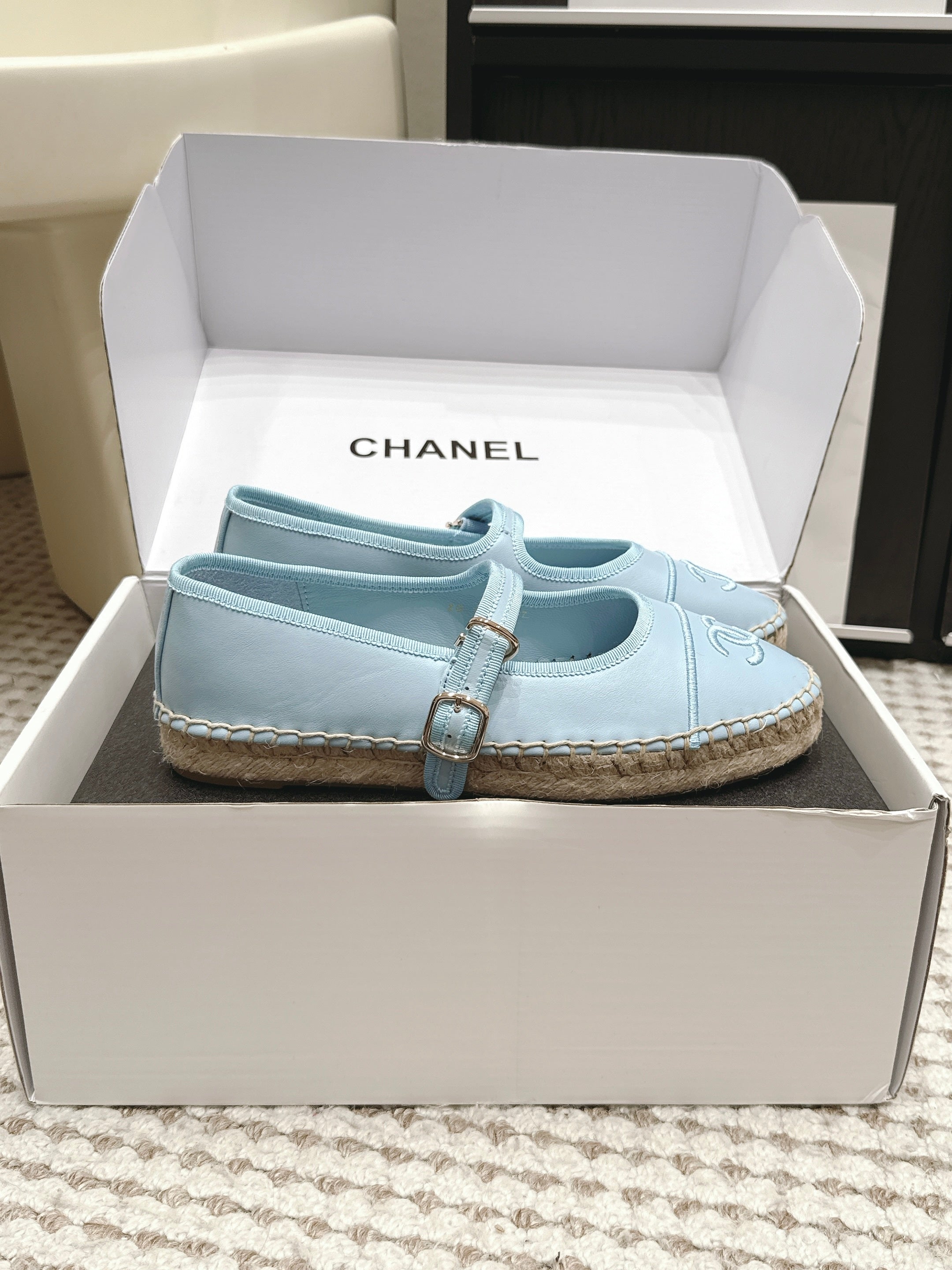 CHANEL 26S MARY JANE FLATS IN LIGHT BLUE LAMBSKIN ESPADRILLE SOLE