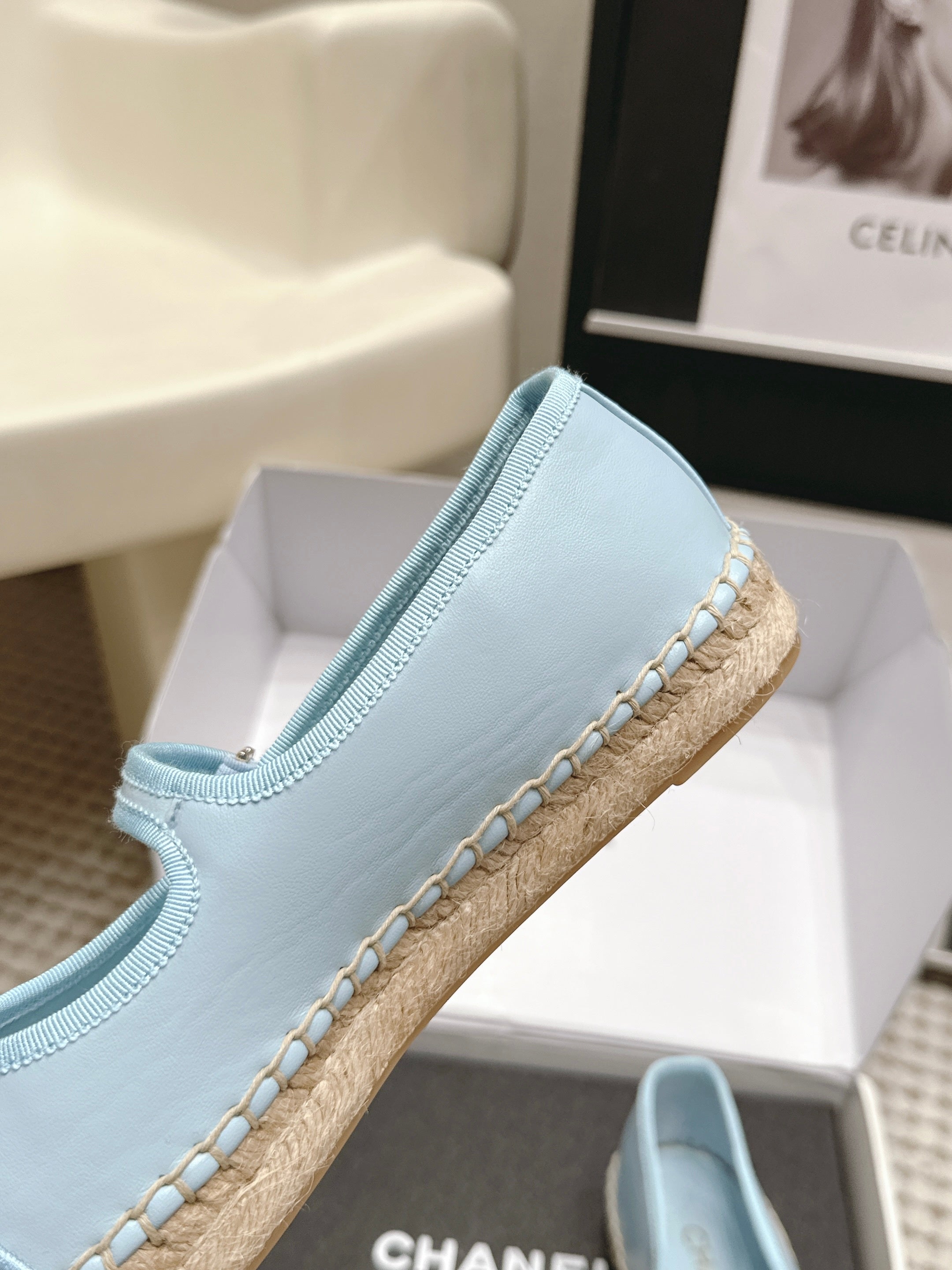 CHANEL 26S MARY JANE FLATS IN LIGHT BLUE LAMBSKIN ESPADRILLE SOLE