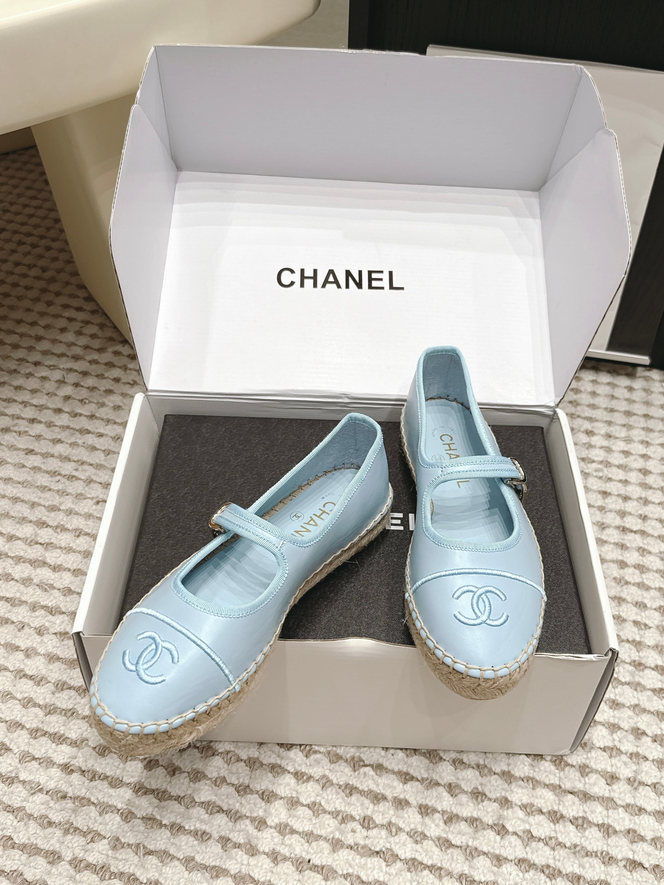 CHANEL 26S MARY JANE FLATS IN LIGHT BLUE LAMBSKIN ESPADRILLE SOLE