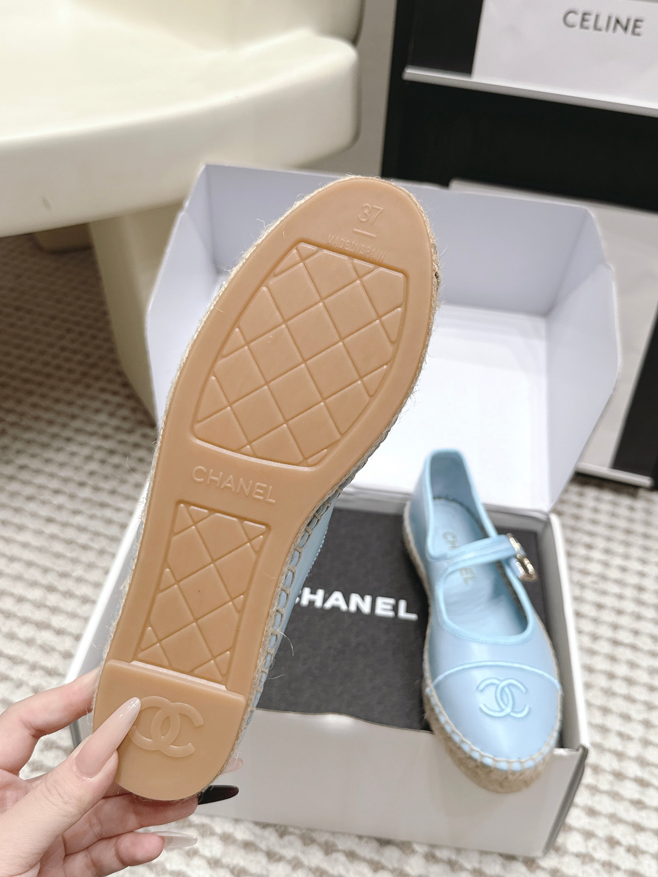 CHANEL 26S MARY JANE FLATS IN LIGHT BLUE LAMBSKIN ESPADRILLE SOLE
