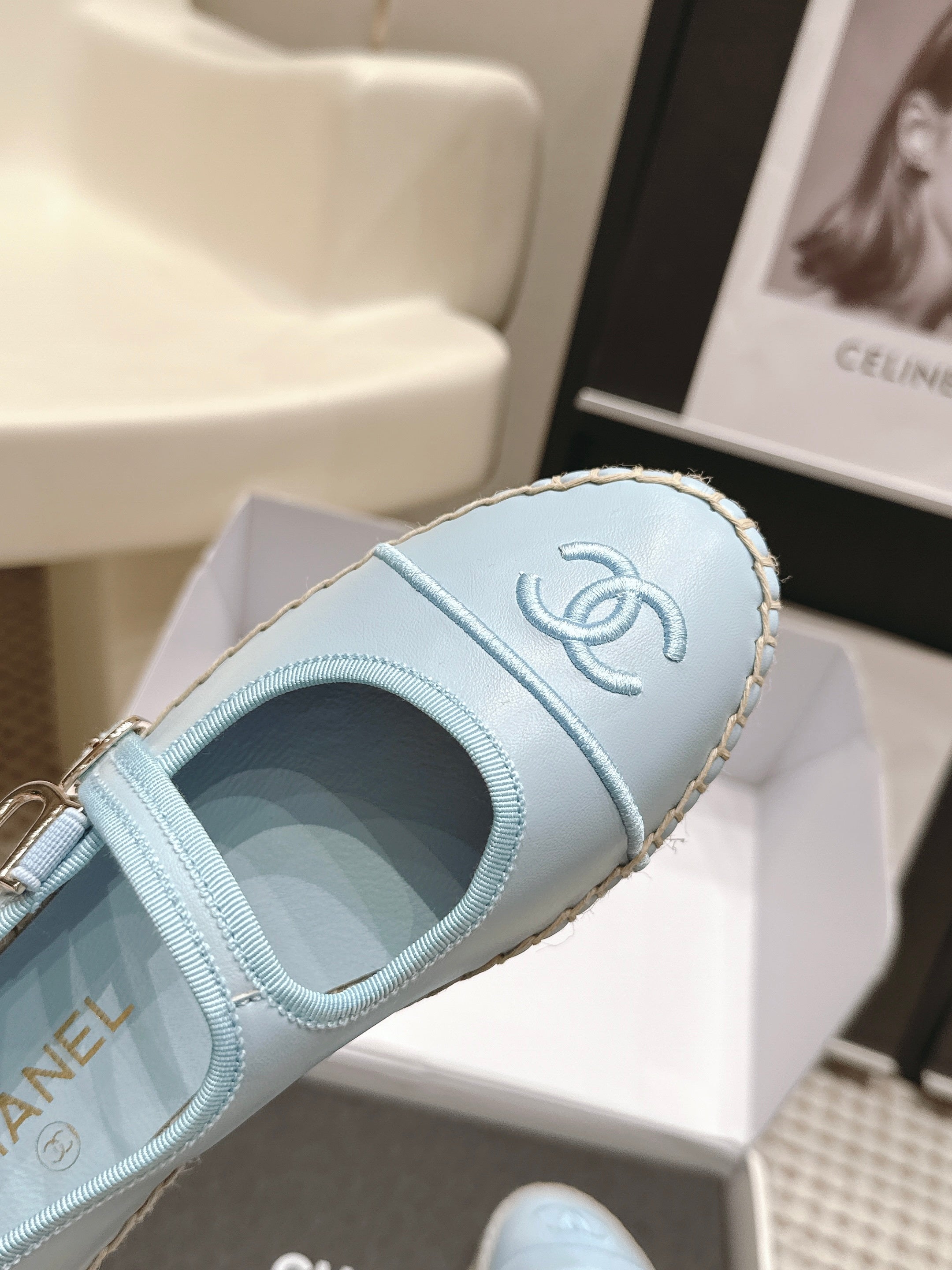 CHANEL 26S MARY JANE FLATS IN LIGHT BLUE LAMBSKIN ESPADRILLE SOLE