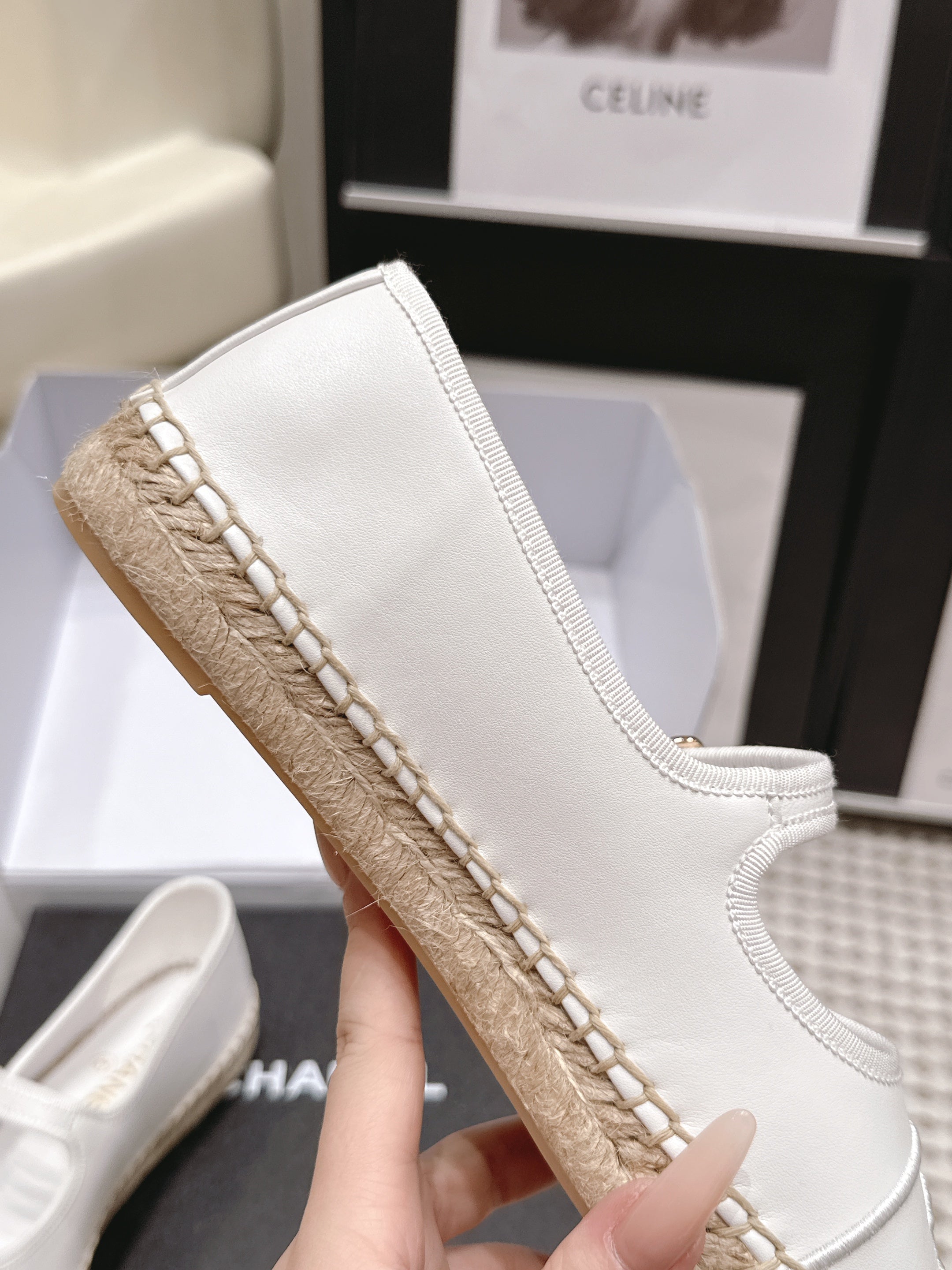 CHANEL 26S MARY JANE FLATS IN WHITE LAMBSKIN ESPADRILLE SOLE