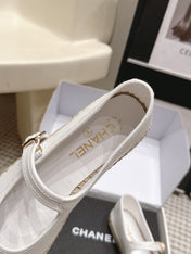 CHANEL 26S MARY JANE FLATS IN WHITE LAMBSKIN ESPADRILLE SOLE