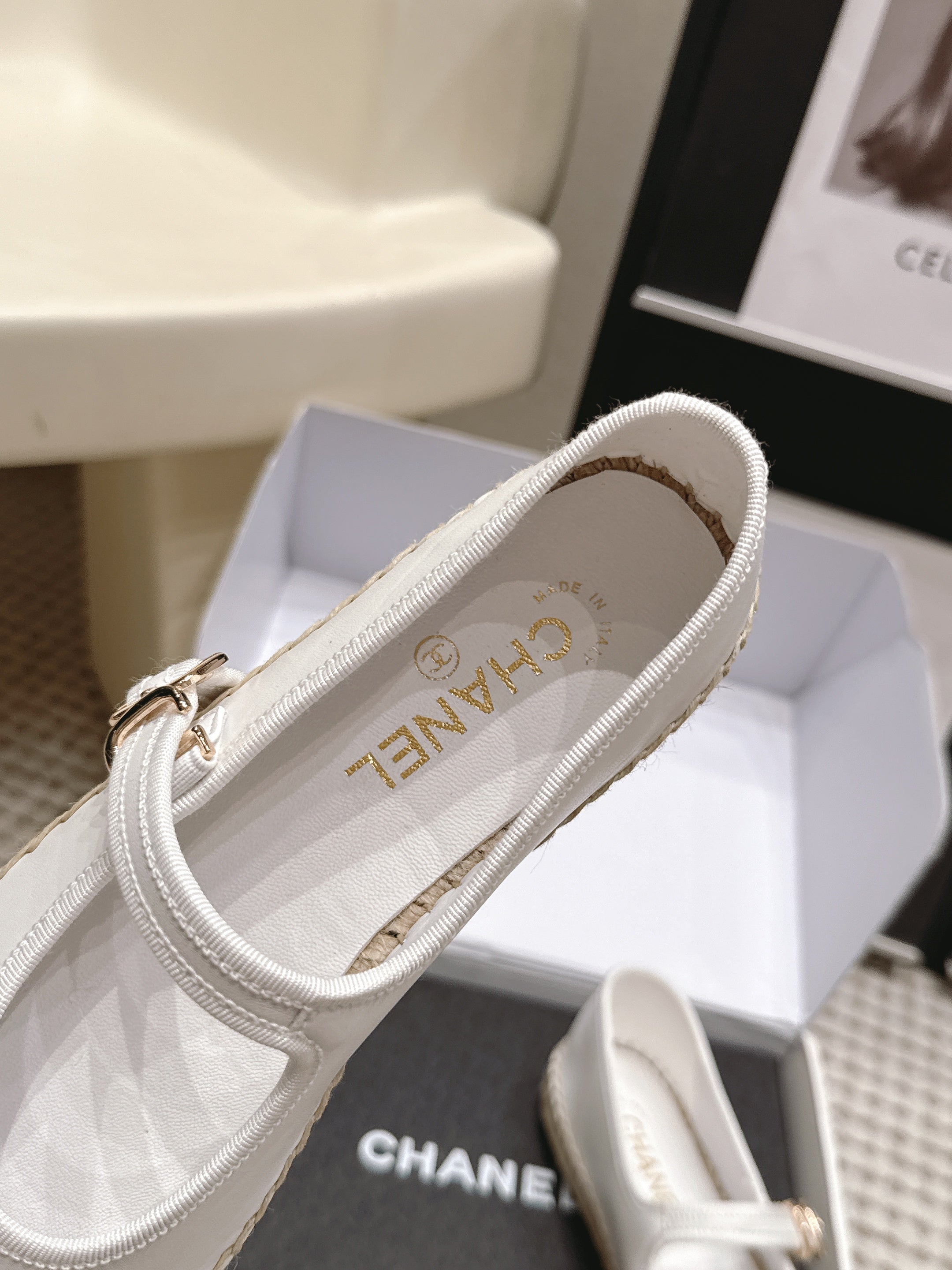 CHANEL 26S MARY JANE FLATS IN WHITE LAMBSKIN ESPADRILLE SOLE