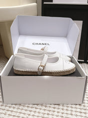 CHANEL 26S MARY JANE FLATS IN WHITE LAMBSKIN ESPADRILLE SOLE