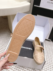CHANEL 26S MARY JANE FLATS IN BEIGE LAMBSKIN ESPADRILLE SOLE