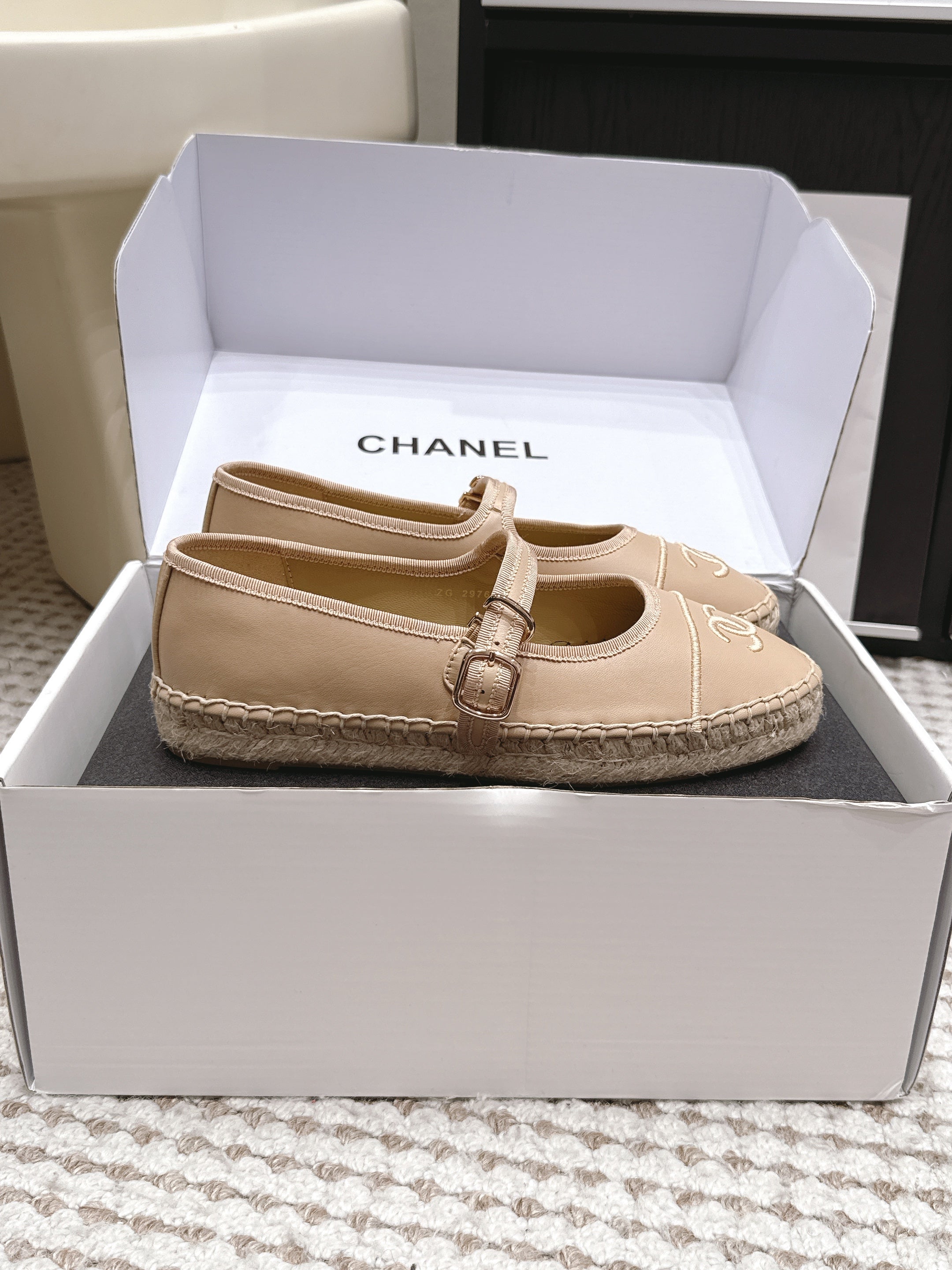 CHANEL 26S MARY JANE FLATS IN BEIGE LAMBSKIN ESPADRILLE SOLE