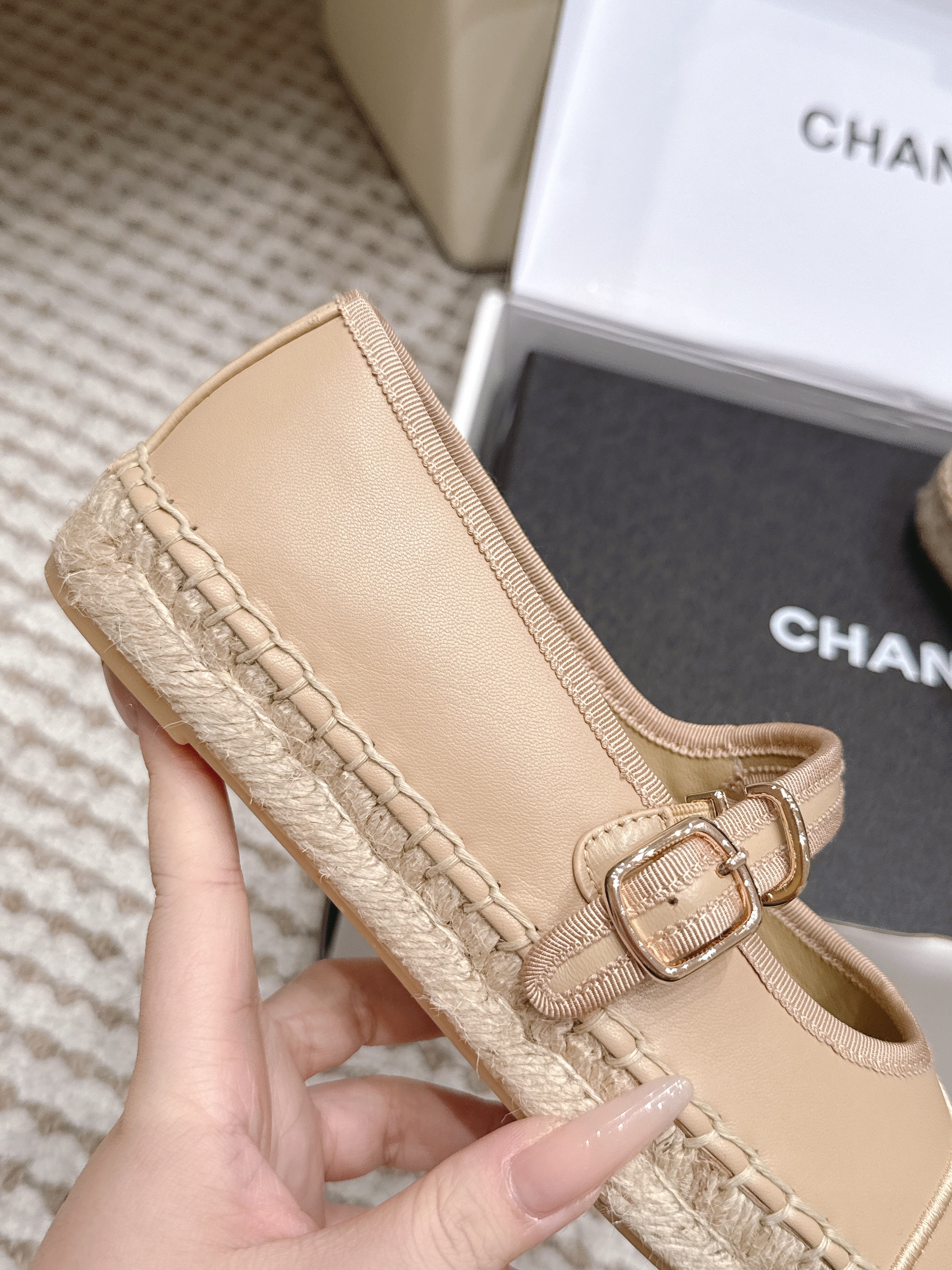CHANEL 26S MARY JANE FLATS IN BEIGE LAMBSKIN ESPADRILLE SOLE