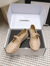 CHANEL 26S MARY JANE FLATS IN BEIGE LAMBSKIN ESPADRILLE SOLE