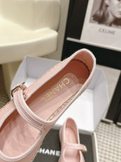 CHANEL 26S MARY JANE FLATS IN LIGHT PINK LAMBSKIN ESPADRILLE SOLE