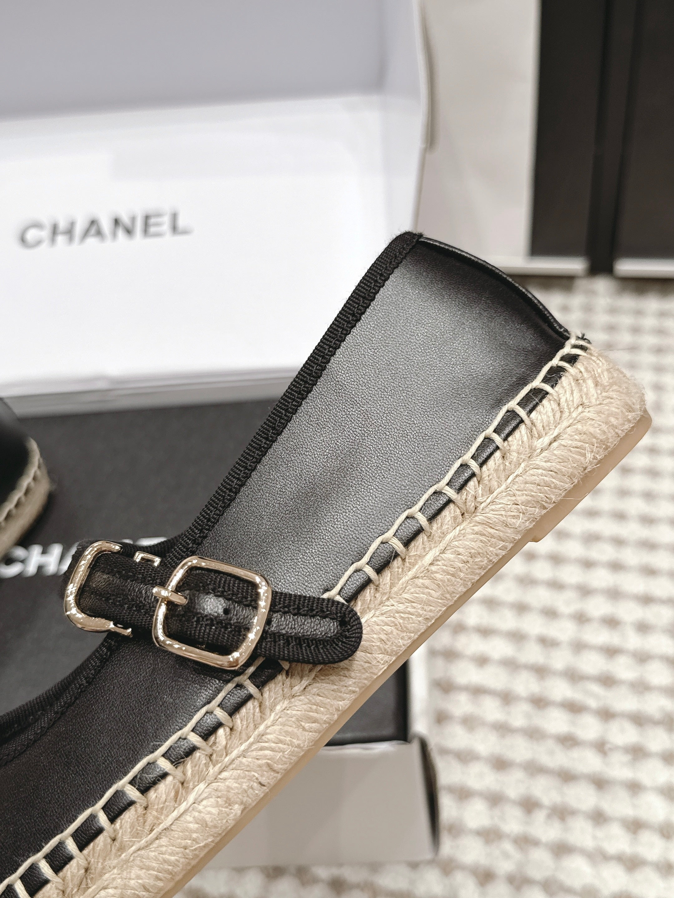 CHANEL 26S MARY JANE FLATS IN BLACK LAMBSKIN ESPADRILLE SOLE