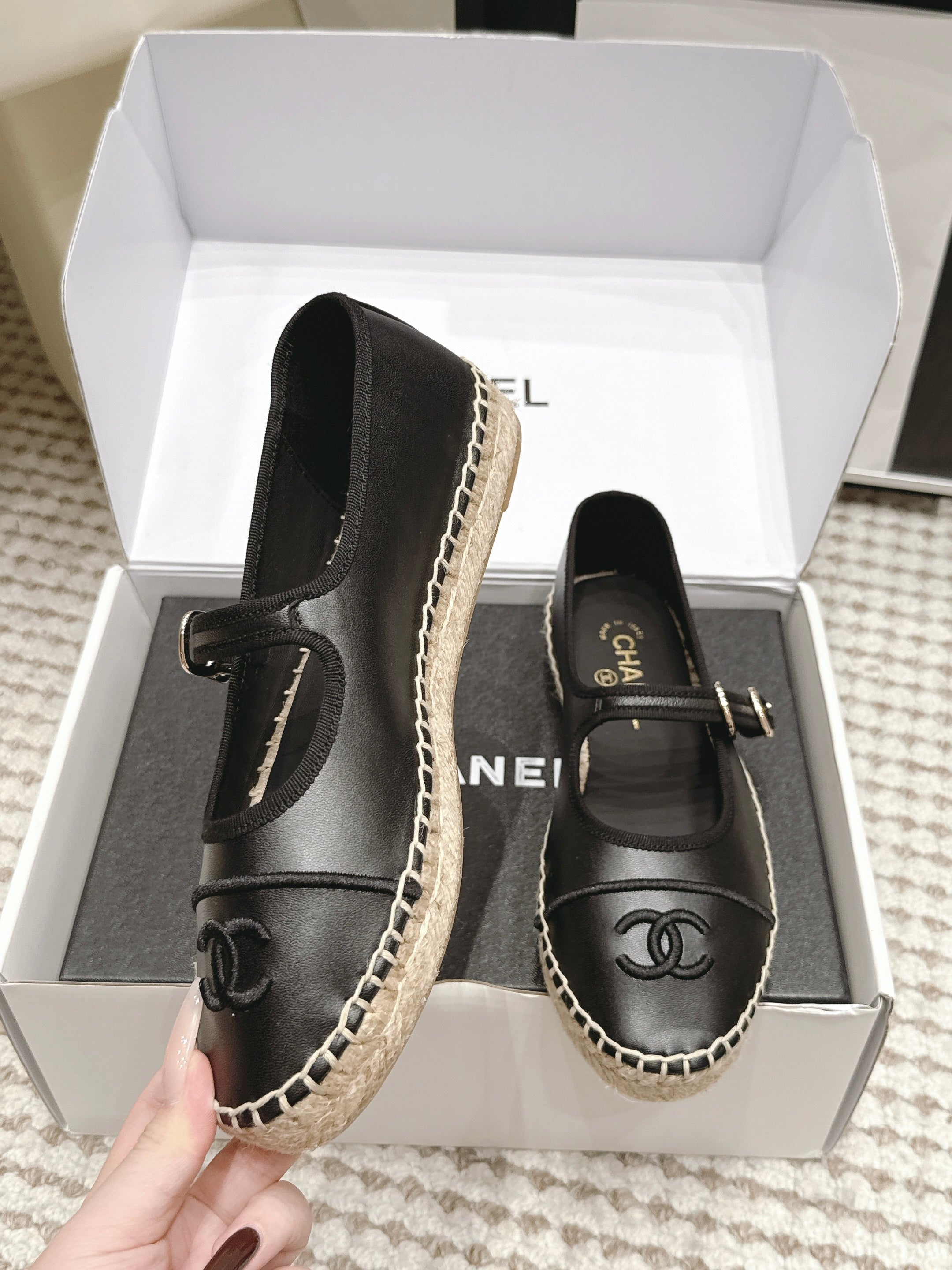 CHANEL 26S MARY JANE FLATS IN BLACK LAMBSKIN ESPADRILLE SOLE