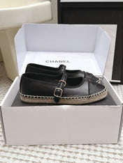 CHANEL 26S MARY JANE FLATS IN BLACK LAMBSKIN ESPADRILLE SOLE