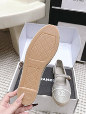 CHANEL 26S MARY JANE FLATS IN GREY LAMBSKIN ESPADRILLE SOLE