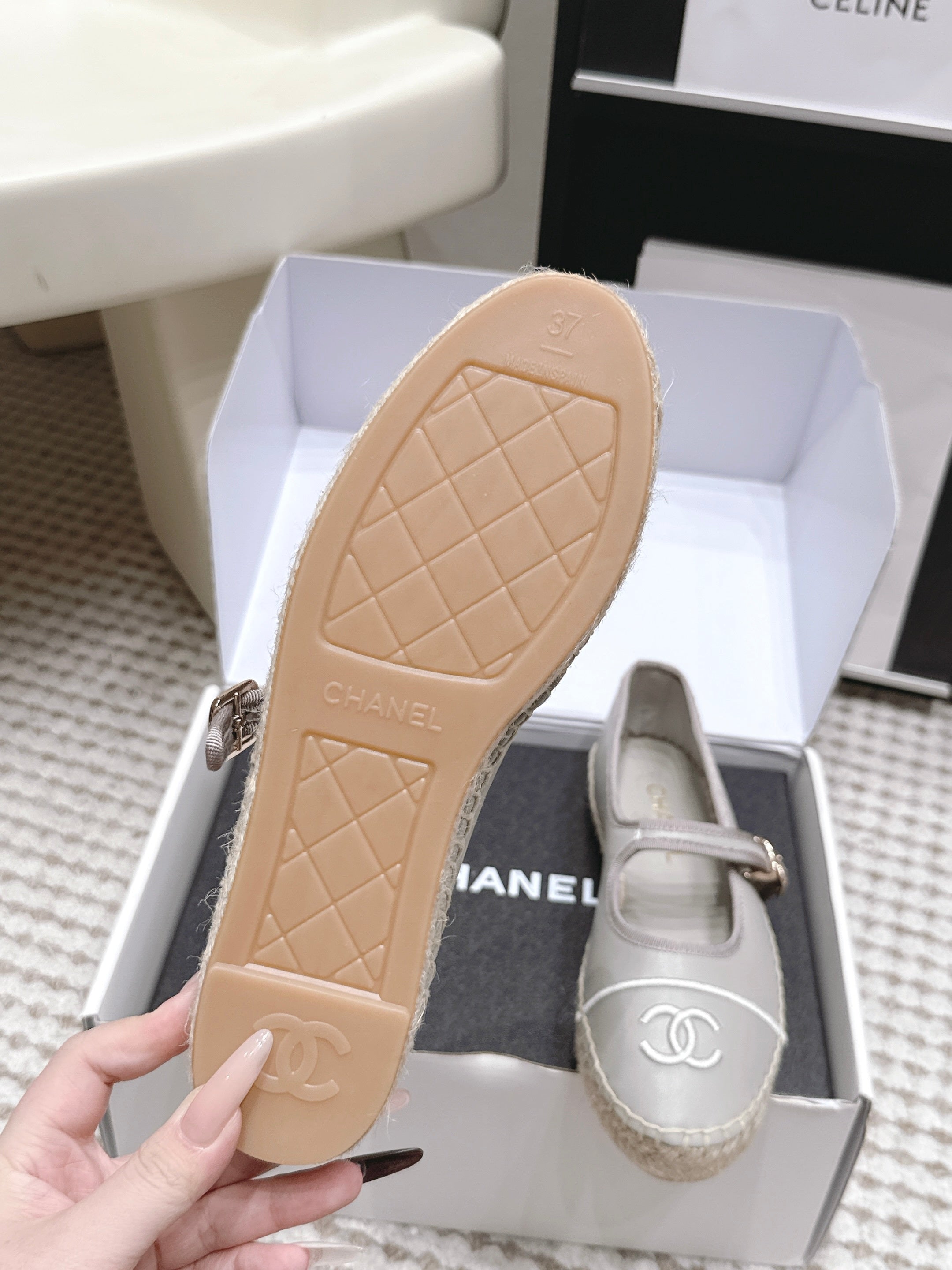 CHANEL 26S MARY JANE FLATS IN GREY LAMBSKIN ESPADRILLE SOLE