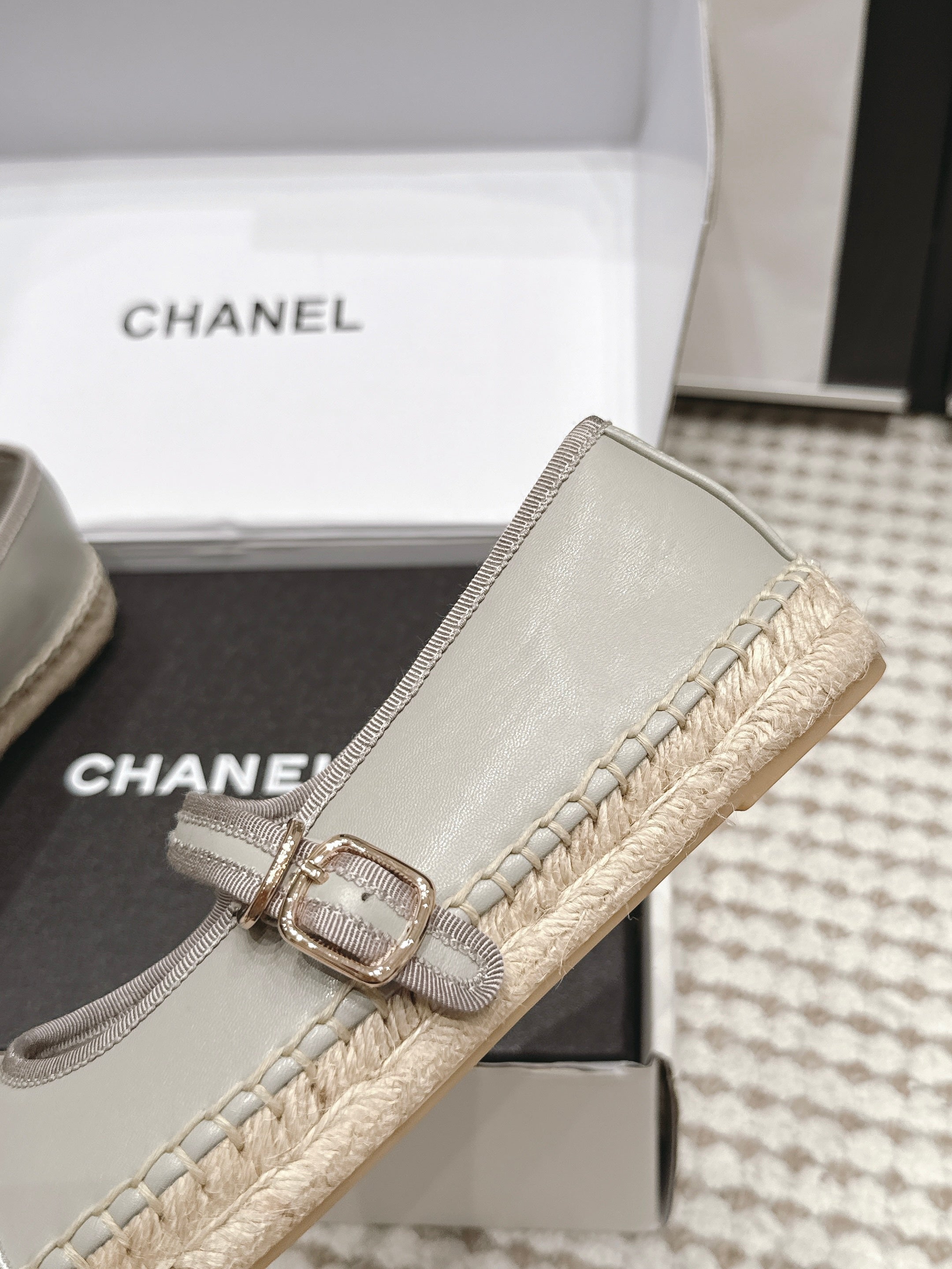 CHANEL 26S MARY JANE FLATS IN GREY LAMBSKIN ESPADRILLE SOLE