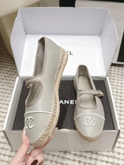 CHANEL 26S MARY JANE FLATS IN GREY LAMBSKIN ESPADRILLE SOLE