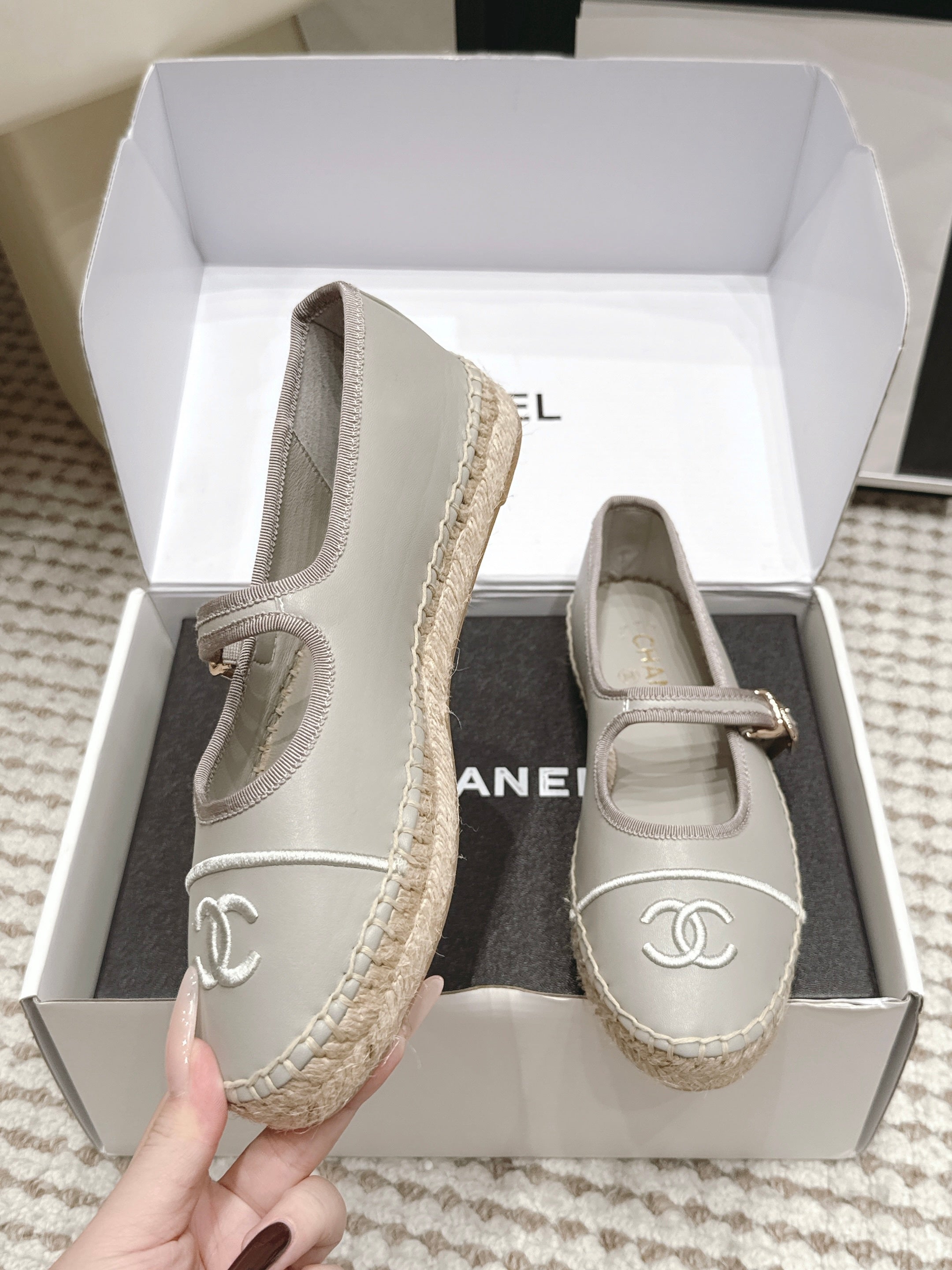 CHANEL 26S MARY JANE FLATS IN GREY LAMBSKIN ESPADRILLE SOLE