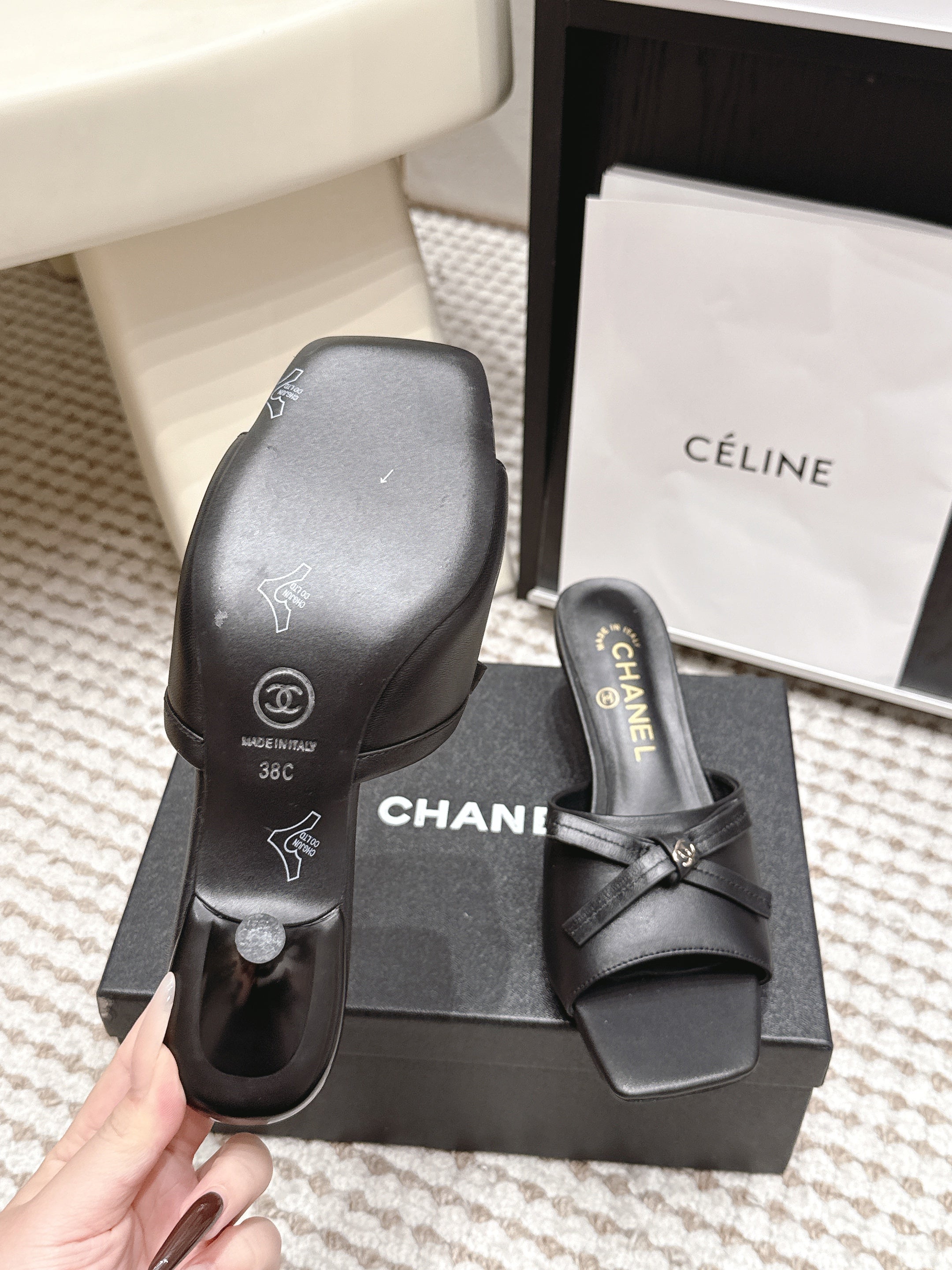 CHANEL 26S SQUARE TOE HIGH HEEL SANDALS IN BLACK CALFSKIN