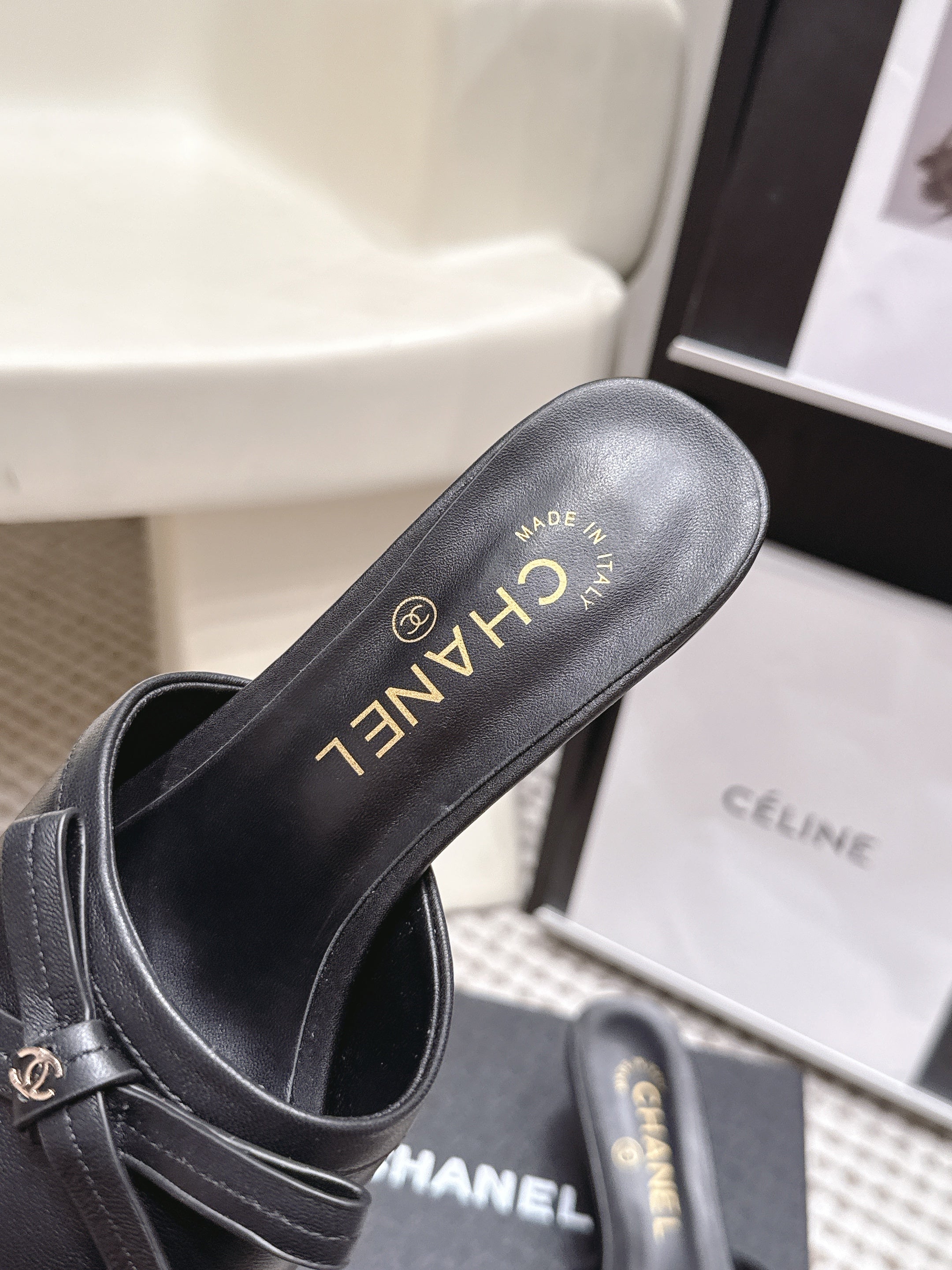 CHANEL 26S SQUARE TOE HIGH HEEL SANDALS IN BLACK CALFSKIN