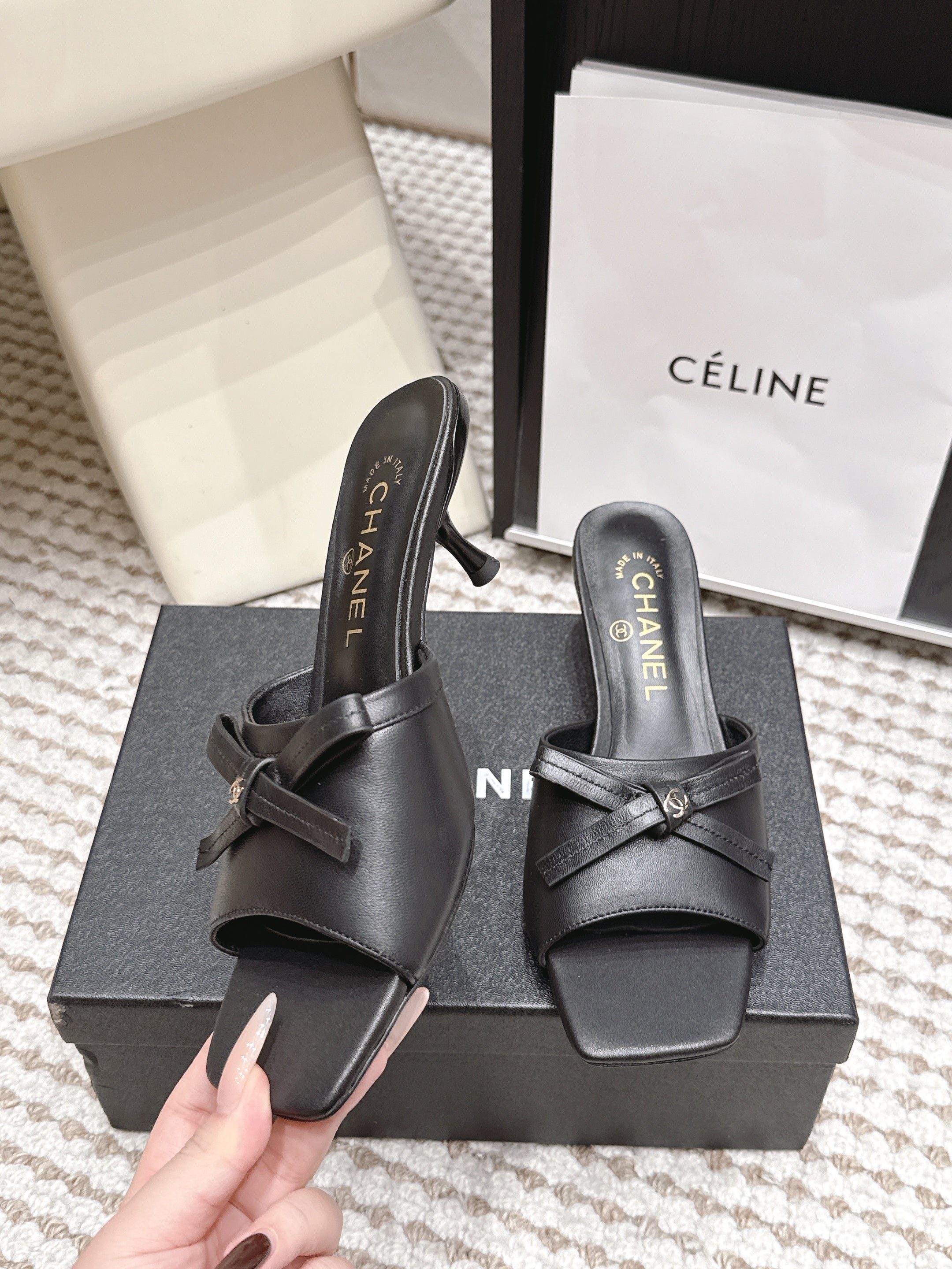 CHANEL 26S SQUARE TOE HIGH HEEL SANDALS IN BLACK CALFSKIN