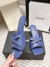 CHANEL 26S SQUARE TOE HIGH HEEL SANDALS IN DARK BLUE CALFSKIN