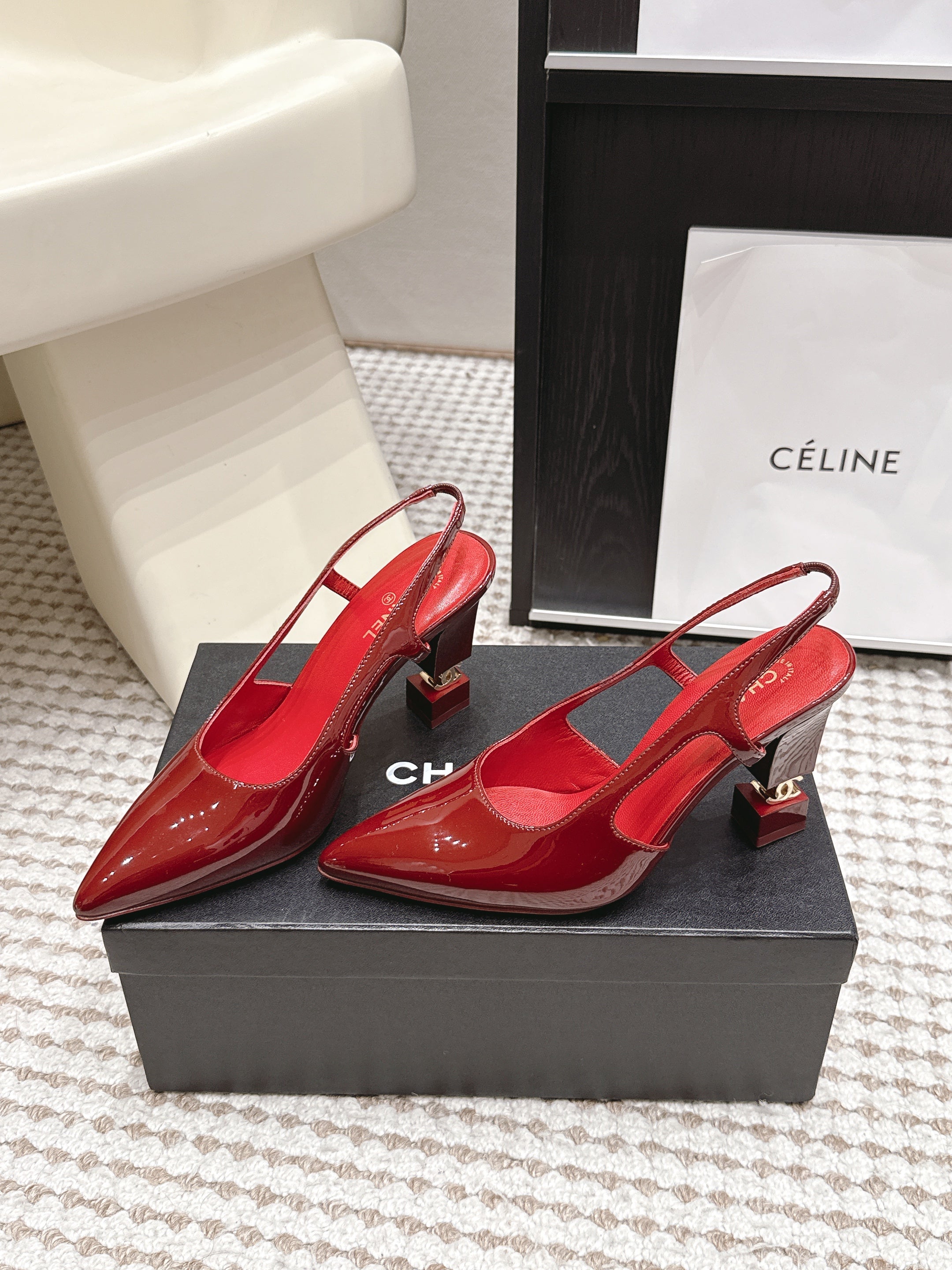 CHANEL 26S HIGH HEEL SLINGBACKS 80 MM IN RED PATENT