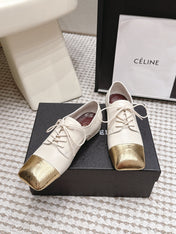 CHANEL 26S LACE-UP OXFORD SHOES IN LIGHT BEIGE CALFSKIN WITH GOLD TOE CAP